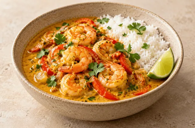 Curry de crevettes au lait de coco avec riz, poivron, coriandre et citron vert