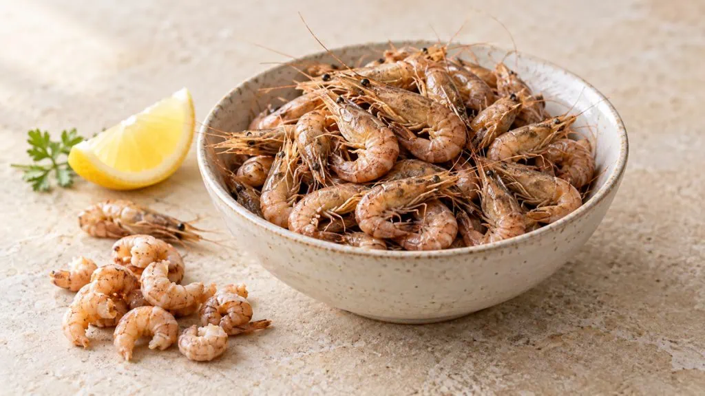 Petites crevettes grises entières et décortiquées dans un bol