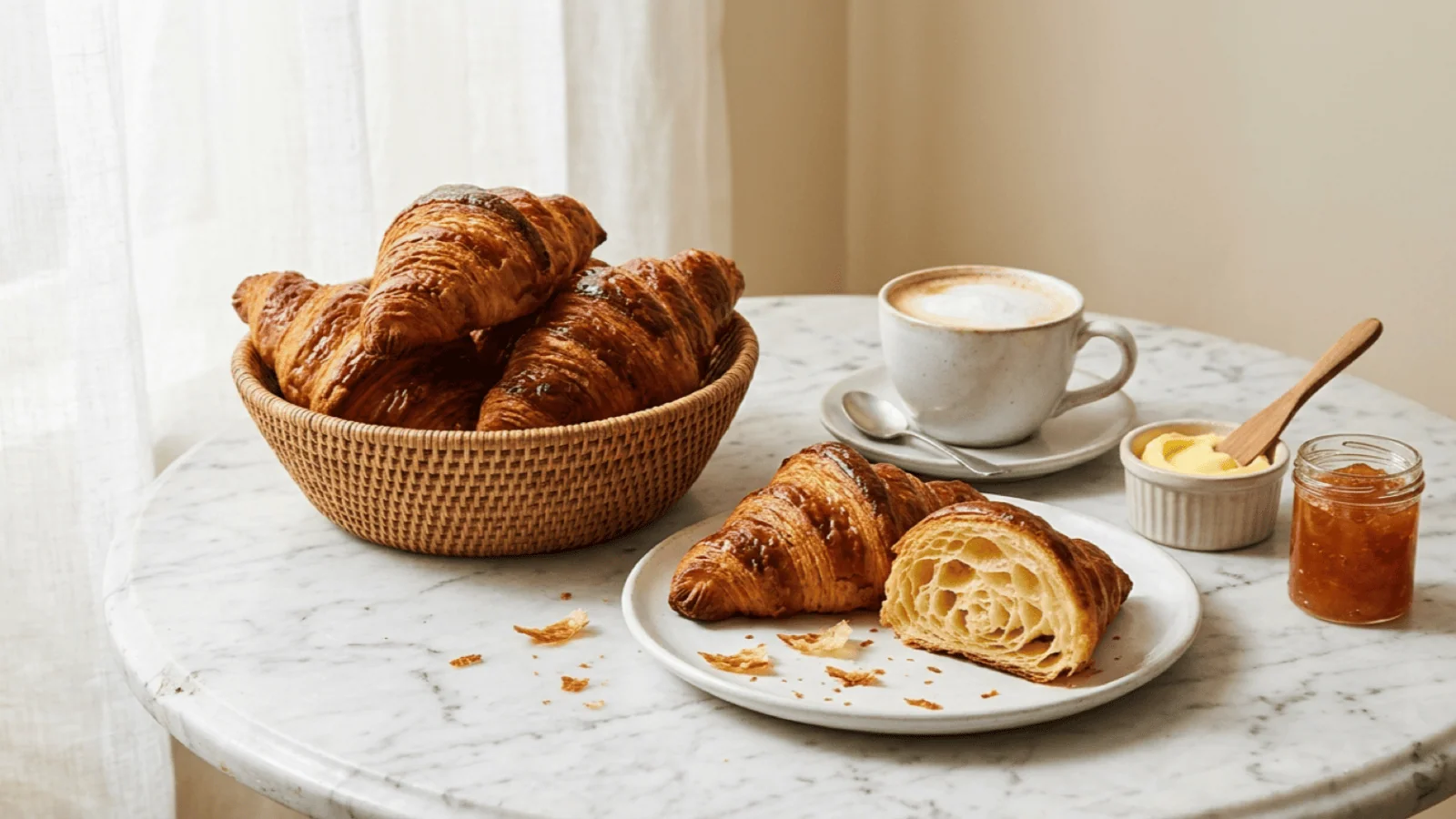 Croissants au beurre dorés dans une corbeille et sur une assiette, l’un ouvert sur sa mie alvéolée, café crème, beurre et confiture d’abricot