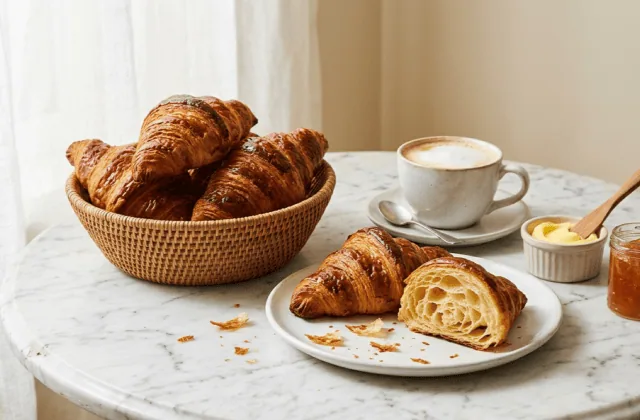 Croissants au beurre dorés dans une corbeille et sur une assiette, l’un ouvert sur sa mie alvéolée, café crème, beurre et confiture d’abricot