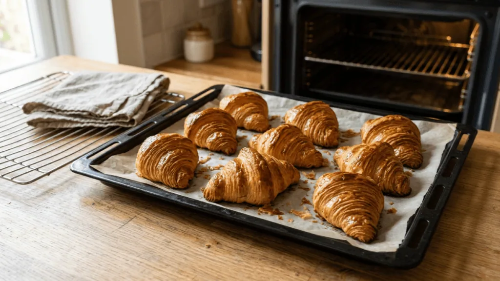 Fournée de croissants pur beurre maison sortant du four sur une plaque, feuilletage doré et brillant