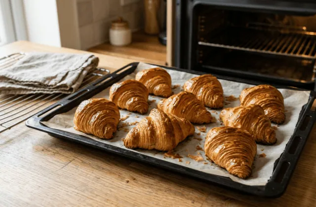 Fournée de croissants pur beurre maison sortant du four sur une plaque, feuilletage doré et brillant