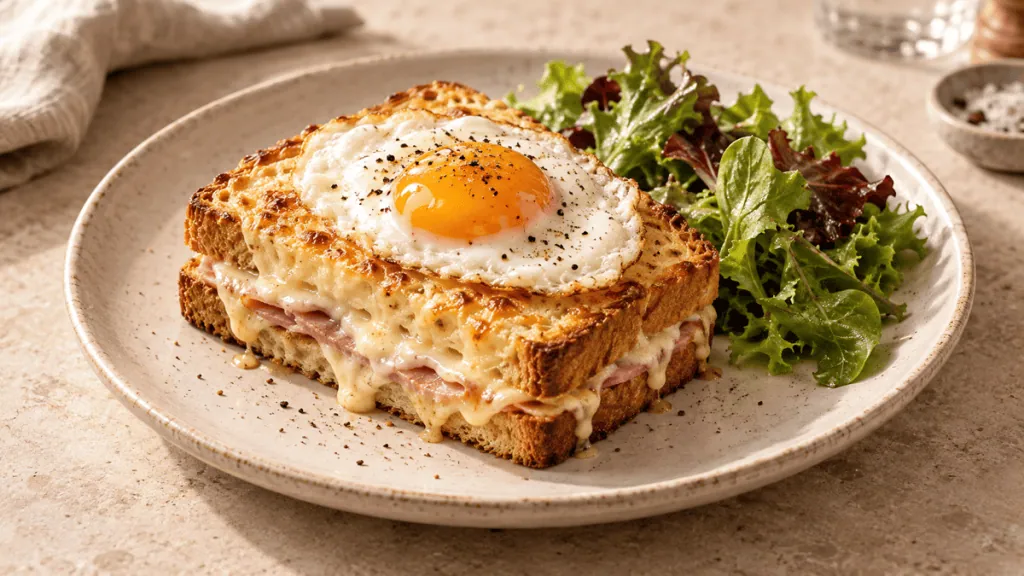 Croque-madame doré au jambon et au fromage, surmonté d’un œuf