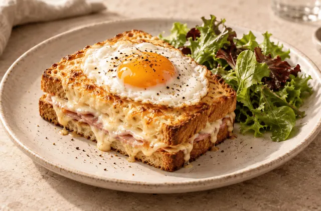 Croque-madame doré au jambon et au fromage, surmonté d’un œuf