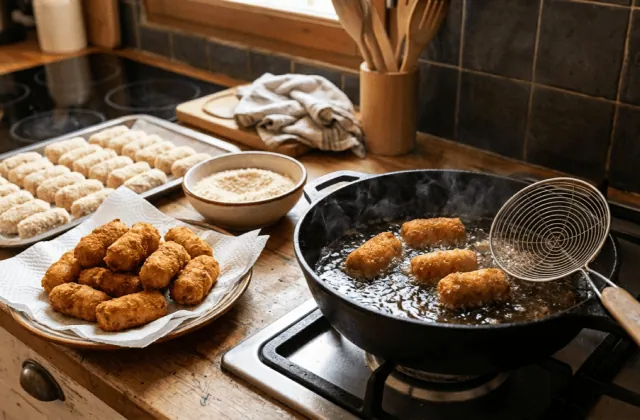 Croquetas de jamón en cours de friture dans la poêle, croquettes dorées égouttées sur papier absorbant