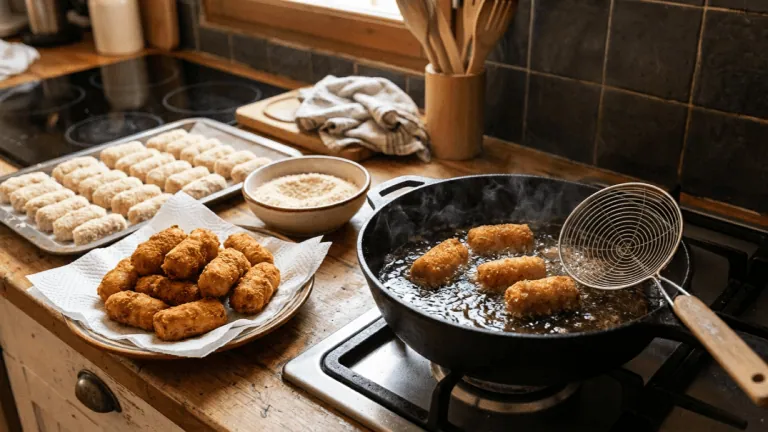 Croquetas de jamón en cours de friture dans la poêle, croquettes dorées égouttées sur papier absorbant