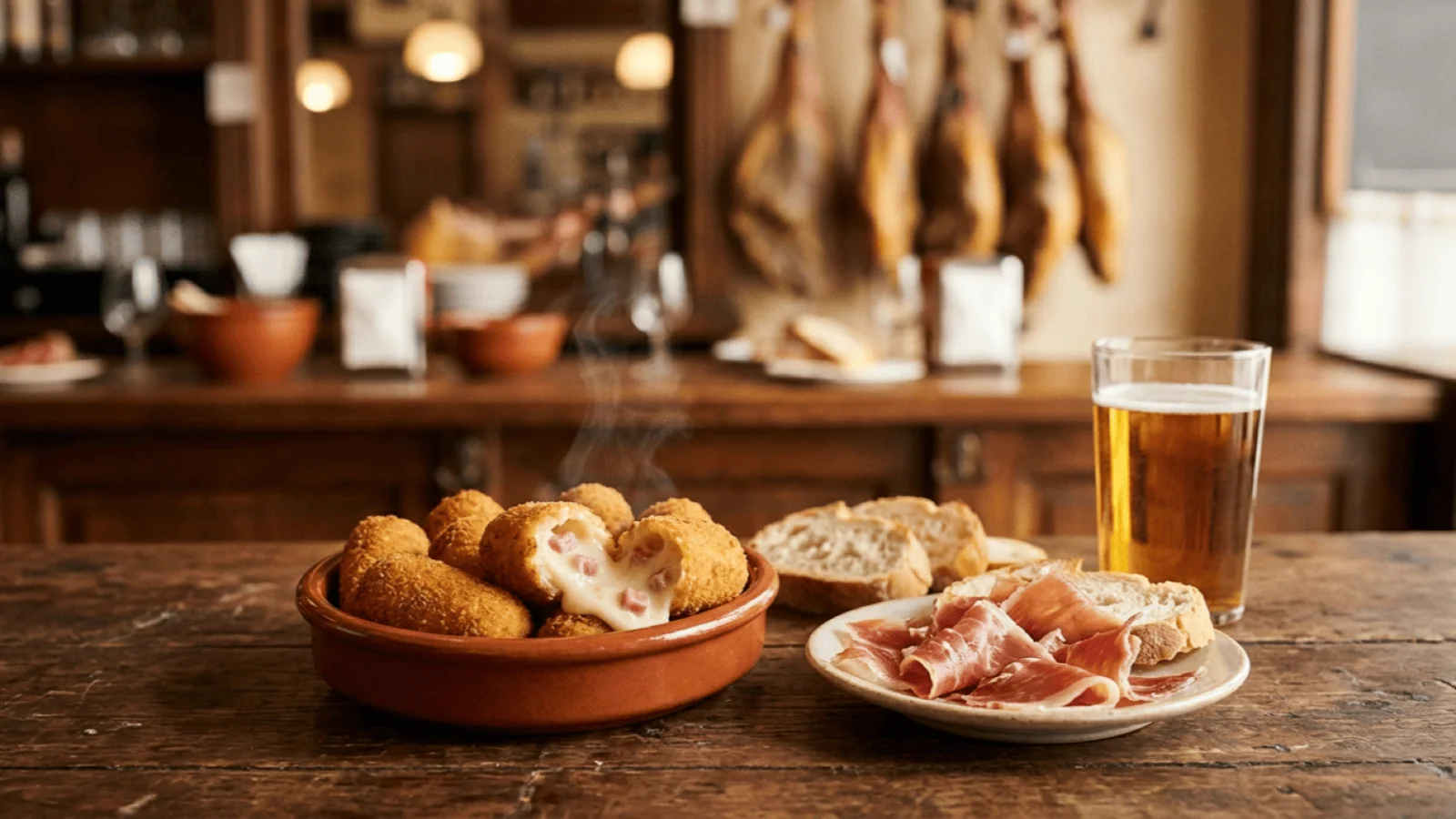 Croquetas de jamón dans une cazuela en terre cuite, l’une ouverte sur sa béchamel crémeuse au jambon, dans un bar à tapas