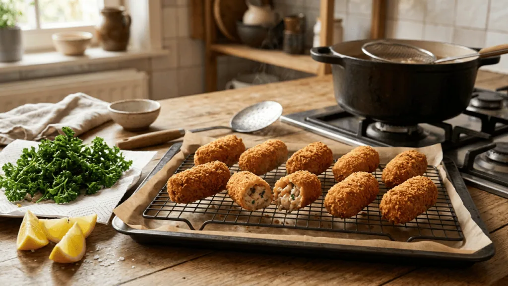 Croquettes de crevettes grises maison égouttées sur une grille, persil frit et citron, casserole de friture derrière