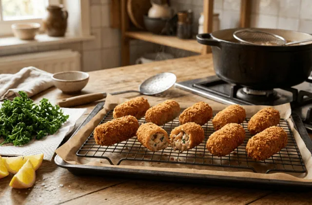 Croquettes de crevettes grises maison égouttées sur une grille, persil frit et citron, casserole de friture derrière