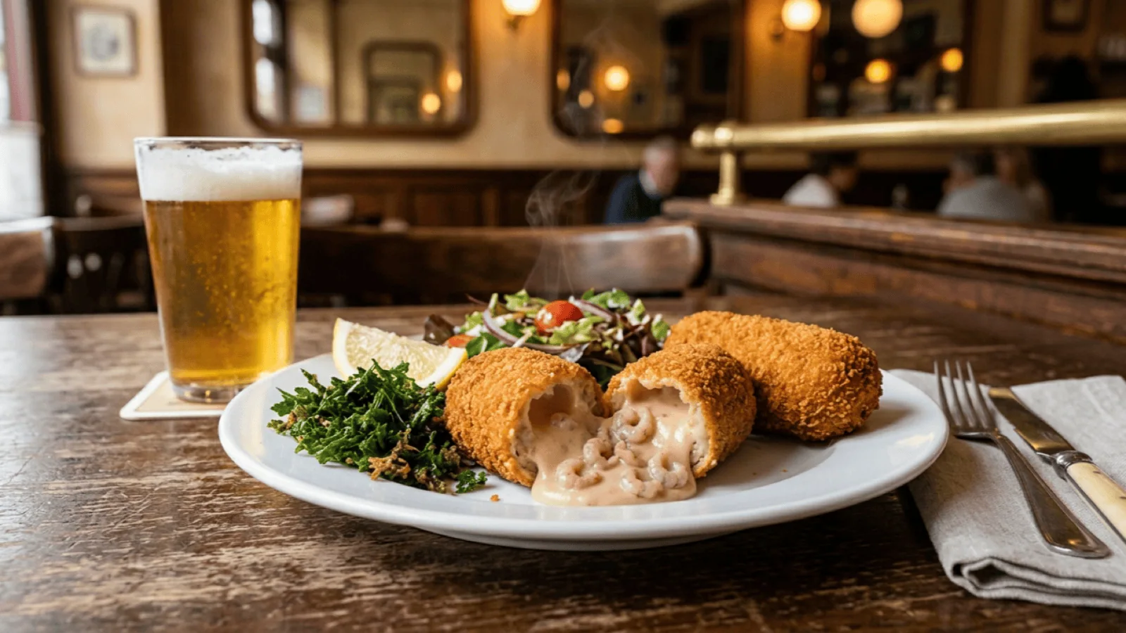 Croquettes de crevettes grises dans une brasserie belge, l’une ouverte sur la béchamel aux crevettes, persil frit, citron et bière blonde