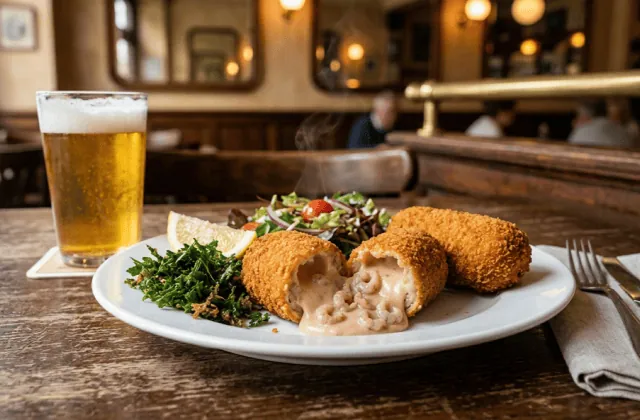 Croquettes de crevettes grises dans une brasserie belge, l’une ouverte sur la béchamel aux crevettes, persil frit, citron et bière blonde