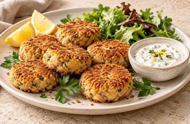 Croquettes de thon dorées avec citron et sauce légère