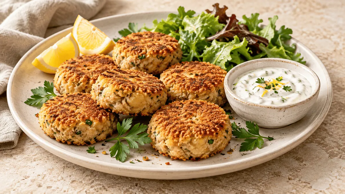 Croquettes de thon dorées avec citron et sauce légère