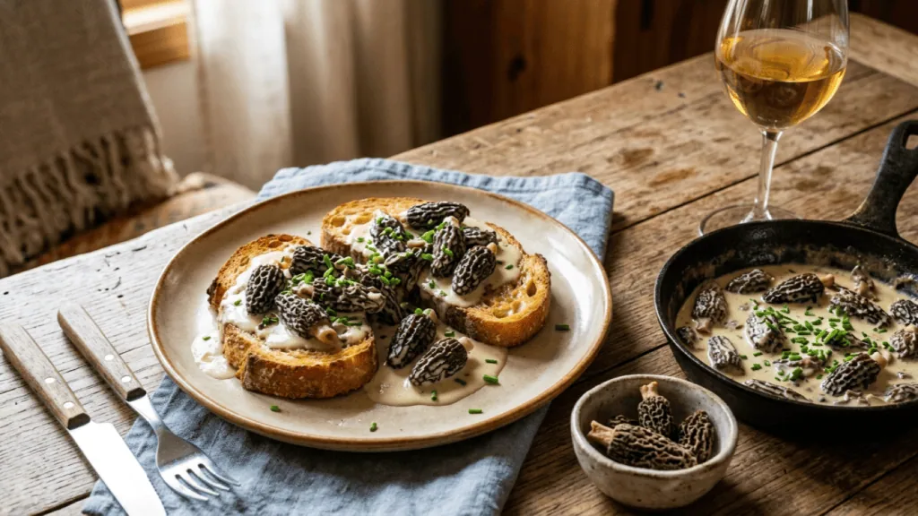 Croûte aux morilles à la crème : pain de campagne grillé nappé de morilles crémées, sauteuse et verre de vin du Jura