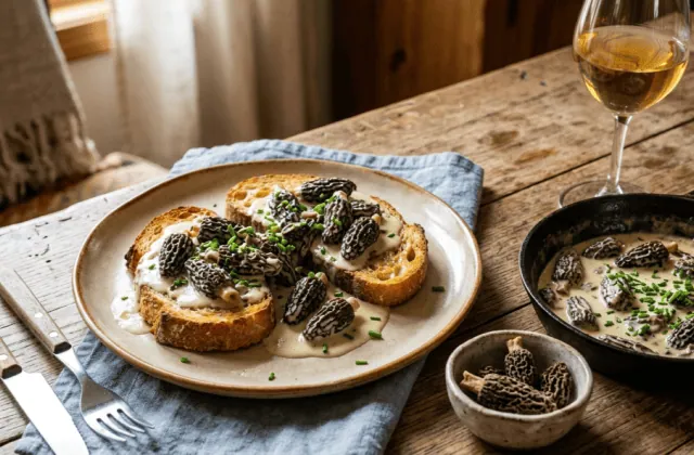 Croûte aux morilles à la crème : pain de campagne grillé nappé de morilles crémées, sauteuse et verre de vin du Jura