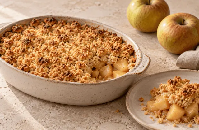 Crumble aux pommes doré avec une portion servie