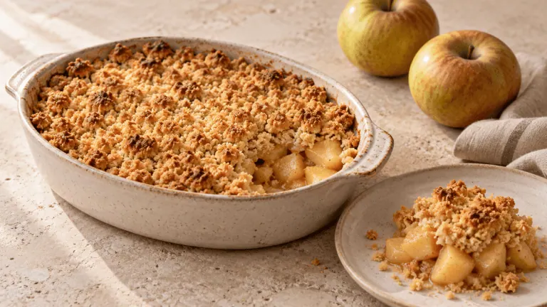 Crumble aux pommes doré avec une portion servie