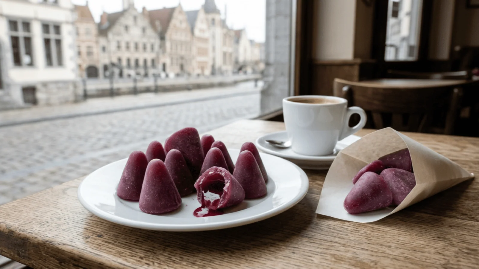 Cuberdons violets sur une assiette dans un café de Gand, l’un croqué laissant couler son cœur de sirop à la framboise, avec un expresso