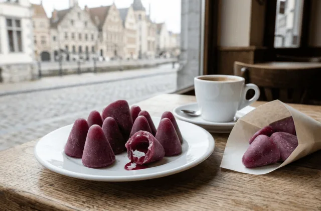 Cuberdons violets sur une assiette dans un café de Gand, l’un croqué laissant couler son cœur de sirop à la framboise, avec un expresso
