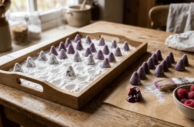 Cuberdons maison démoulés du plateau d’amidon et alignés sur du papier cuisson, l’un ouvert, framboises à côté