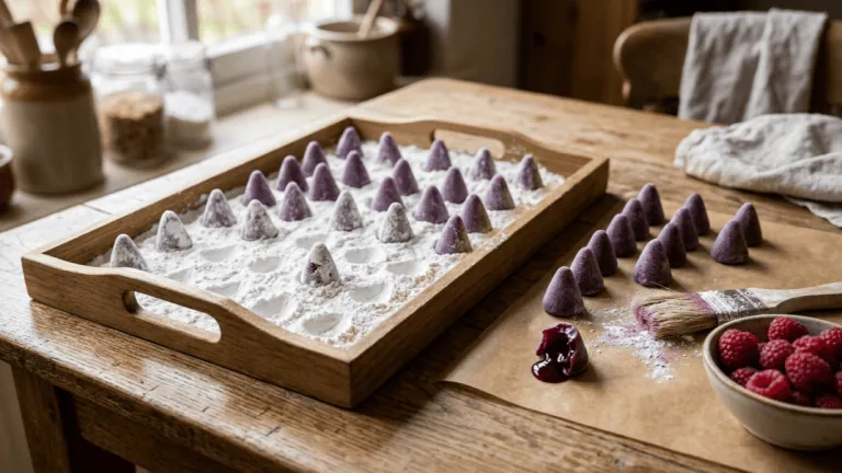 Cuberdons maison démoulés du plateau d’amidon et alignés sur du papier cuisson, l’un ouvert, framboises à côté