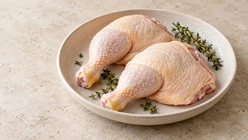 Cuisses de poulet crues avec peau dans un plat en grès clair