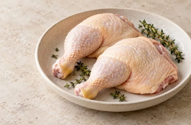 Cuisses de poulet crues avec peau dans un plat en grès clair