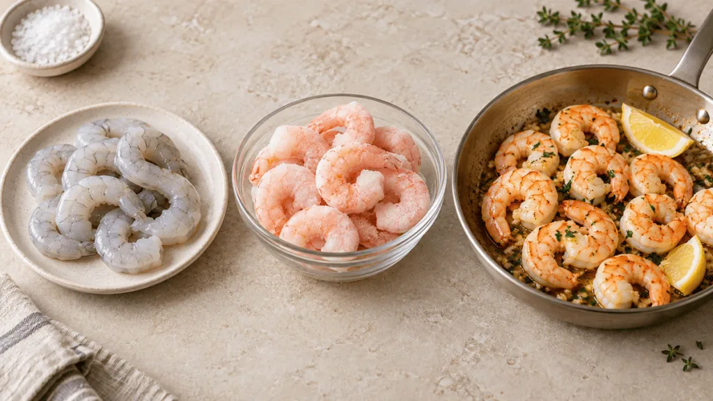 Crevettes crues, surgelées et cuites présentées côte à côte