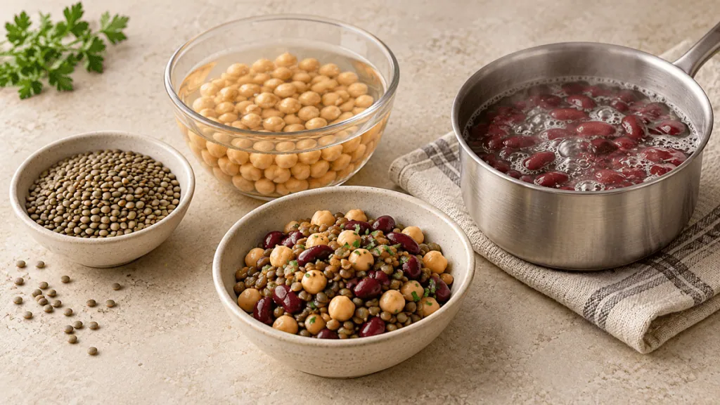 Lentilles sèches, pois chiches trempés et haricots rouges en cuisson