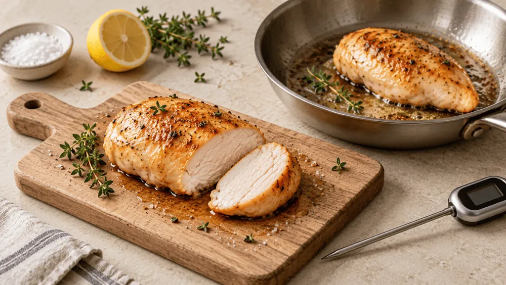 Blanc de poulet doré et juteux avec thermomètre de cuisson