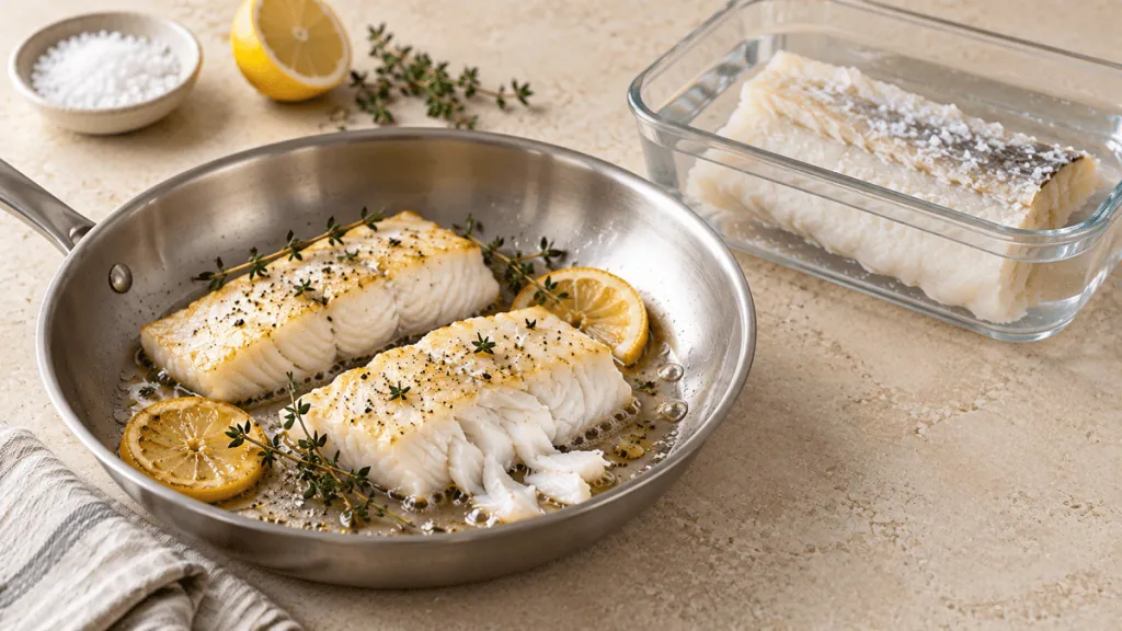 Filets de poisson blanc poêlés et morue plongée dans l’eau pour dessalage