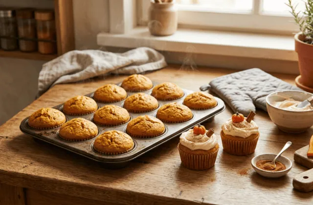 Cupcakes à la citrouille et à la cannelle tout juste sortis du four dans le moule à muffins, quelques-uns déjà glacés
