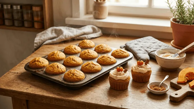Cupcakes à la citrouille et à la cannelle tout juste sortis du four dans le moule à muffins, quelques-uns déjà glacés