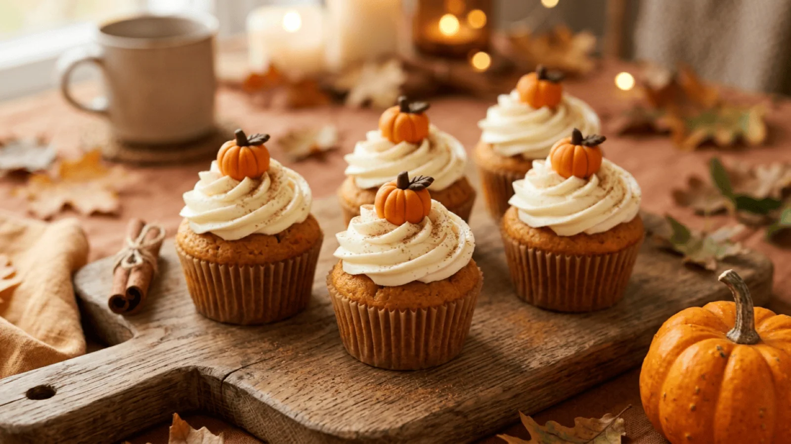 Cupcakes à la citrouille coiffés d’un glaçage au fromage frais, d’une pincée de cannelle et d’une petite citrouille en pâte d’amande
