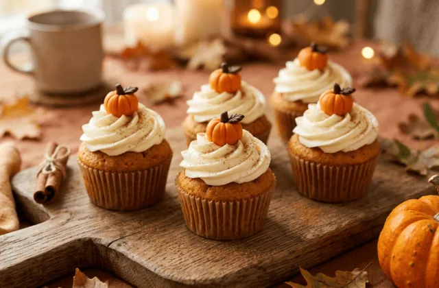 Cupcakes à la citrouille coiffés d’un glaçage au fromage frais, d’une pincée de cannelle et d’une petite citrouille en pâte d’amande