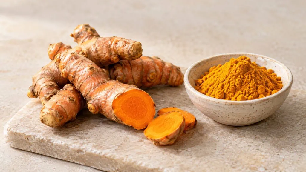 Rhizomes de curcuma frais coupés et poudre de curcuma