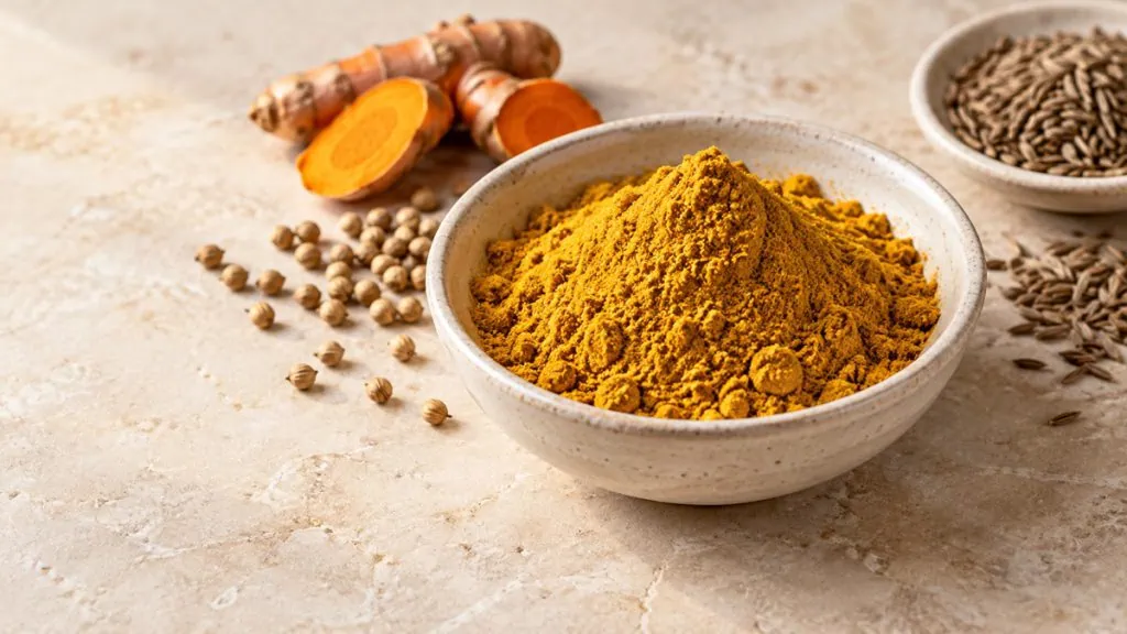 Curry en poudre jaune ocre accompagné de quelques épices entières