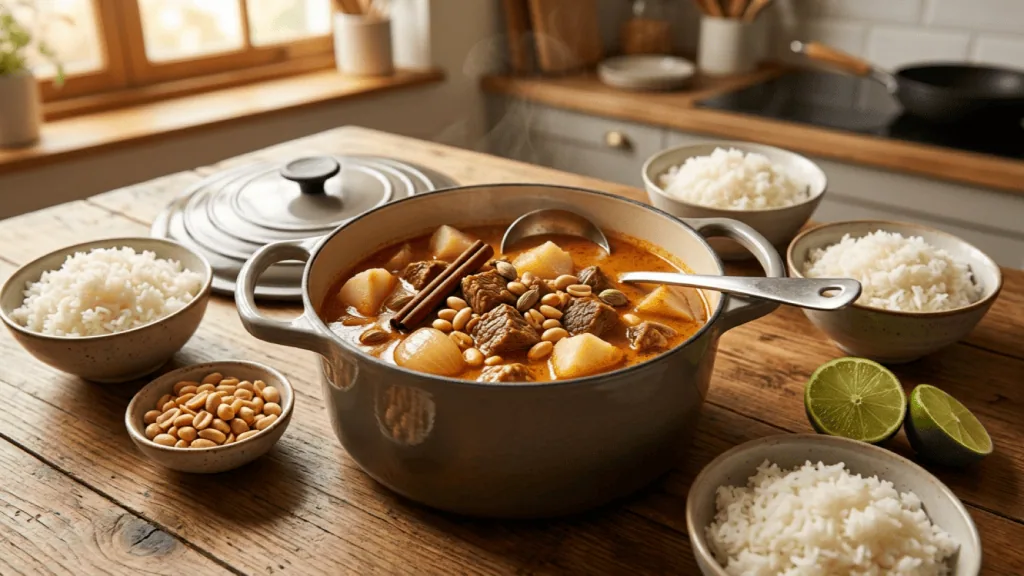 Curry massaman de bœuf maison dans sa cocotte, bols de riz jasmin, cacahuètes et citron vert