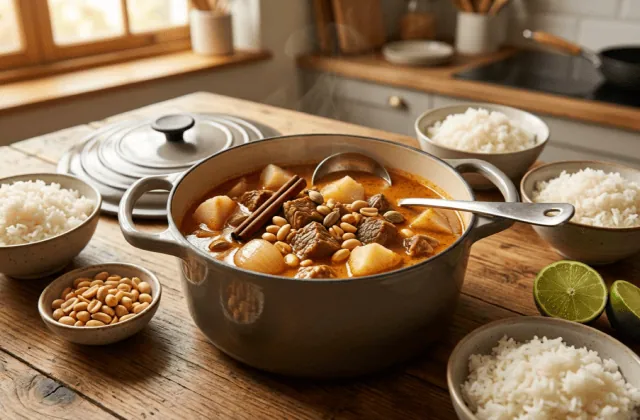 Curry massaman de bœuf maison dans sa cocotte, bols de riz jasmin, cacahuètes et citron vert
