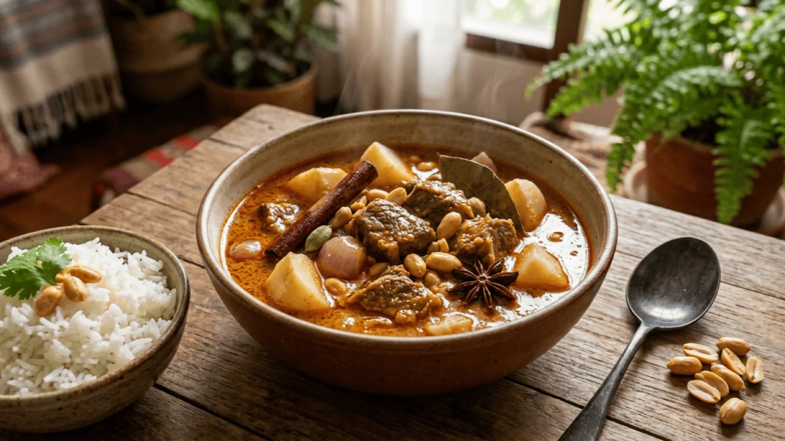 Bol de curry massaman au bœuf : sauce coco orangée, bœuf fondant, pommes de terre, échalotes, cacahuètes, cannelle, cardamome et laurier, avec riz jasmin