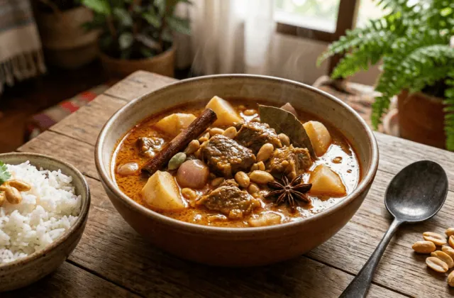 Bol de curry massaman au bœuf : sauce coco orangée, bœuf fondant, pommes de terre, échalotes, cacahuètes, cannelle, cardamome et laurier, avec riz jasmin