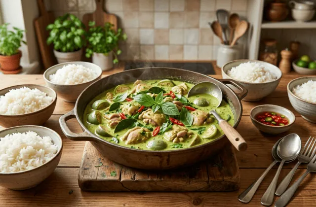 Curry vert thaï au poulet maison dans une sauteuse, basilic thaï et piment rouge, bols de riz jasmin autour