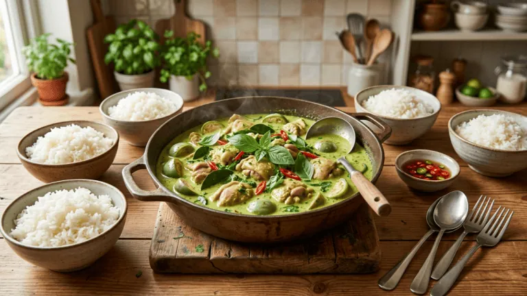 Curry vert thaï au poulet maison dans une sauteuse, basilic thaï et piment rouge, bols de riz jasmin autour