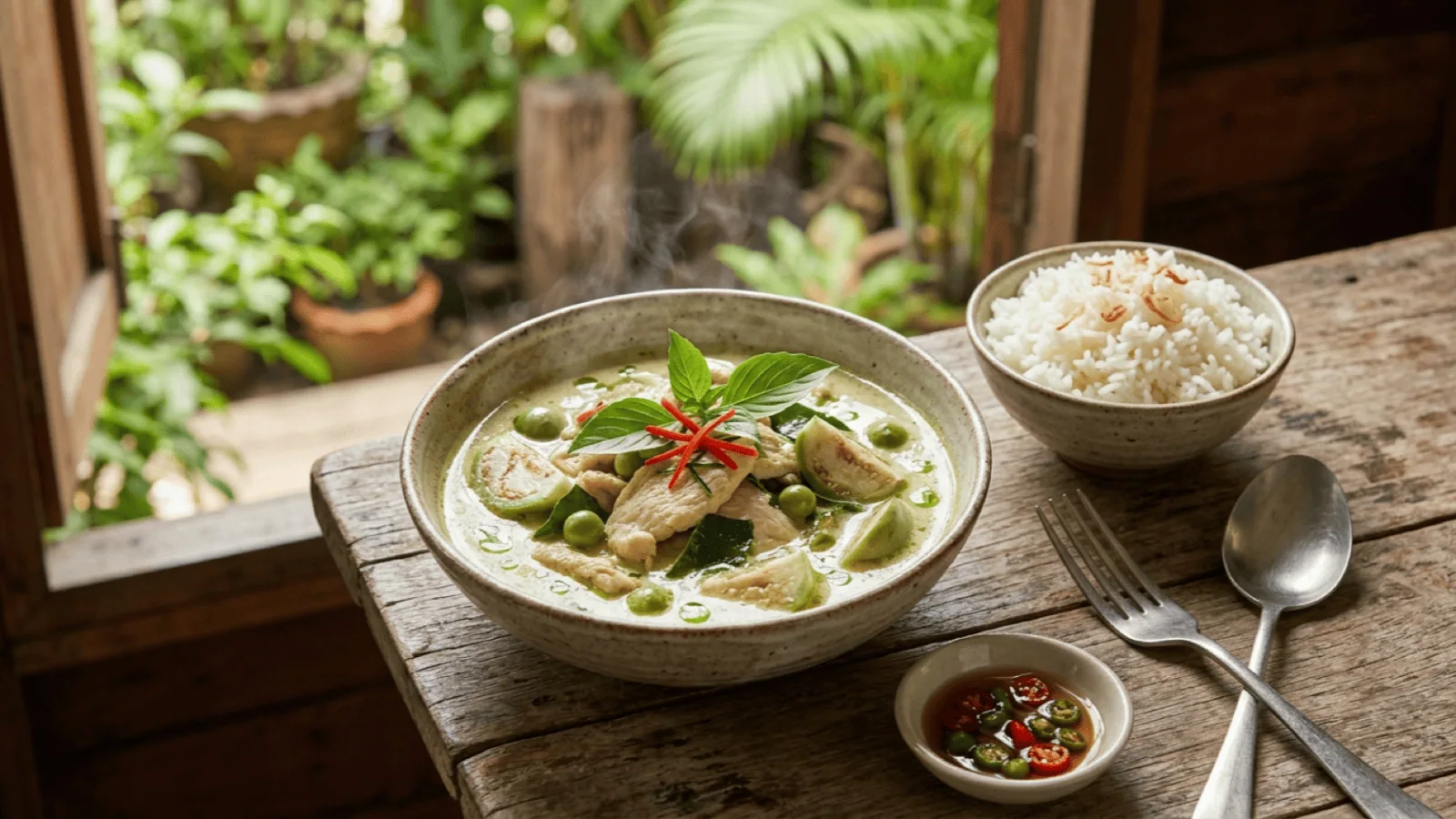 Bol de curry vert thaï au poulet : sauce coco vert jade, aubergines thaïes, basilic thaï, feuilles de combava et piment rouge, avec riz jasmin