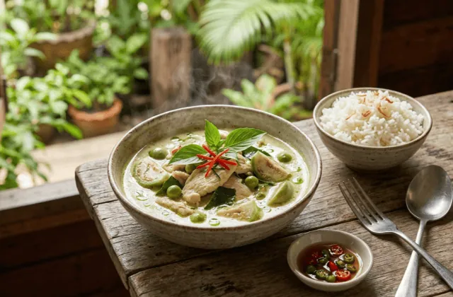 Bol de curry vert thaï au poulet : sauce coco vert jade, aubergines thaïes, basilic thaï, feuilles de combava et piment rouge, avec riz jasmin