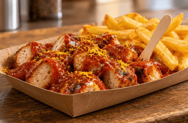 Currywurst en tronçons nappée de sauce au curry avec des frites