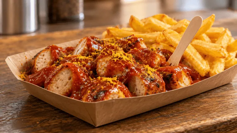 Currywurst en tronçons nappée de sauce au curry avec des frites