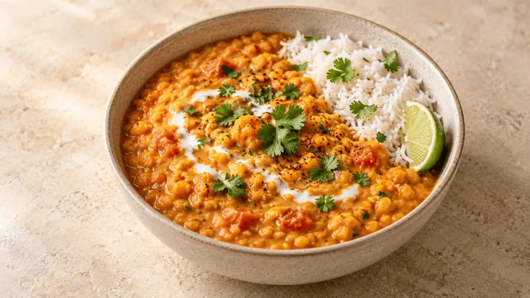 Dahl de lentilles corail au lait de coco avec riz, coriandre et citron vert