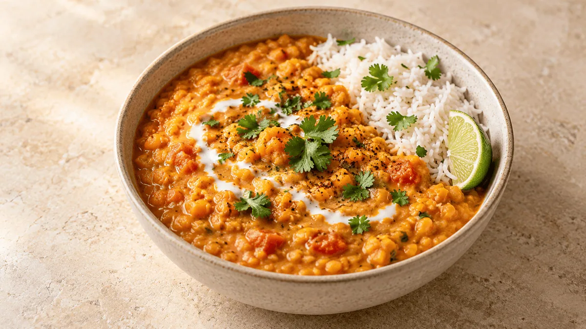 Dahl de lentilles corail au lait de coco avec riz, coriandre et citron vert