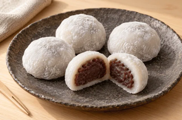 Daifuku mochi japonais fourrés à la pâte de haricots rouges anko